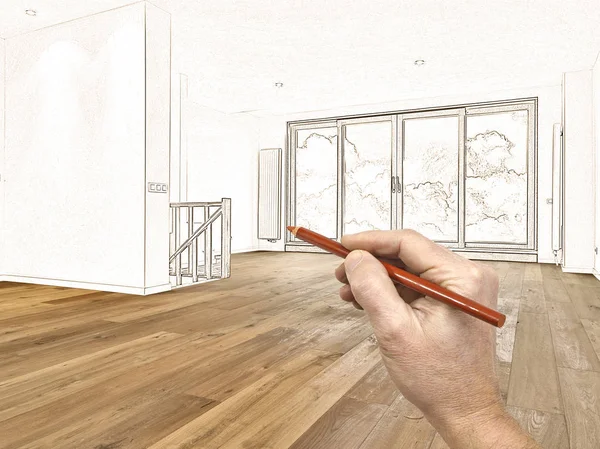 Drawing and planned renovation of a modern interior — Stock Photo, Image