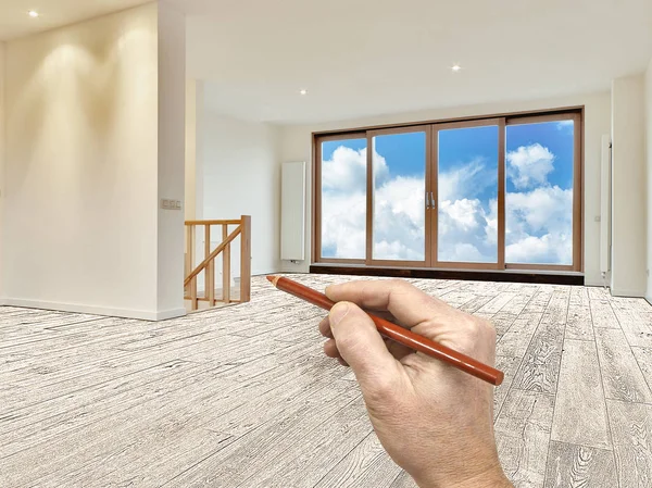 Dibujo y renovación planificada de un interior moderno — Foto de Stock