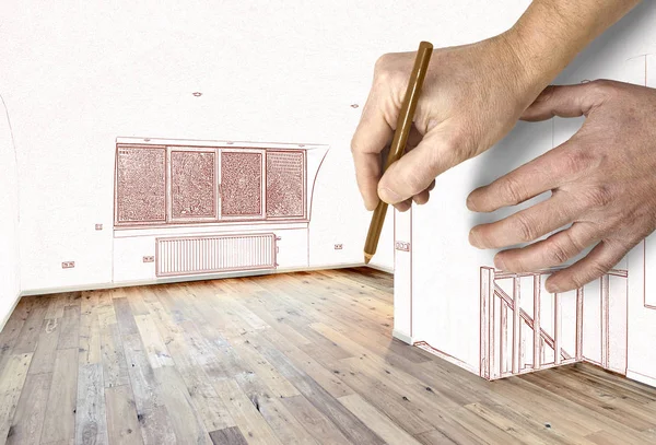 İki çizim duvarlar ve windows eller