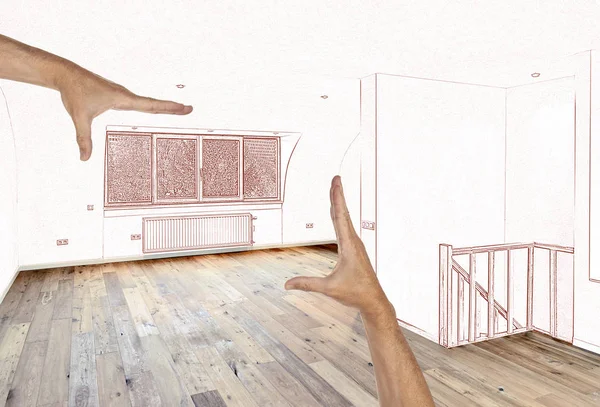 Zwei Hände geplante Wände und Fenster — Stockfoto