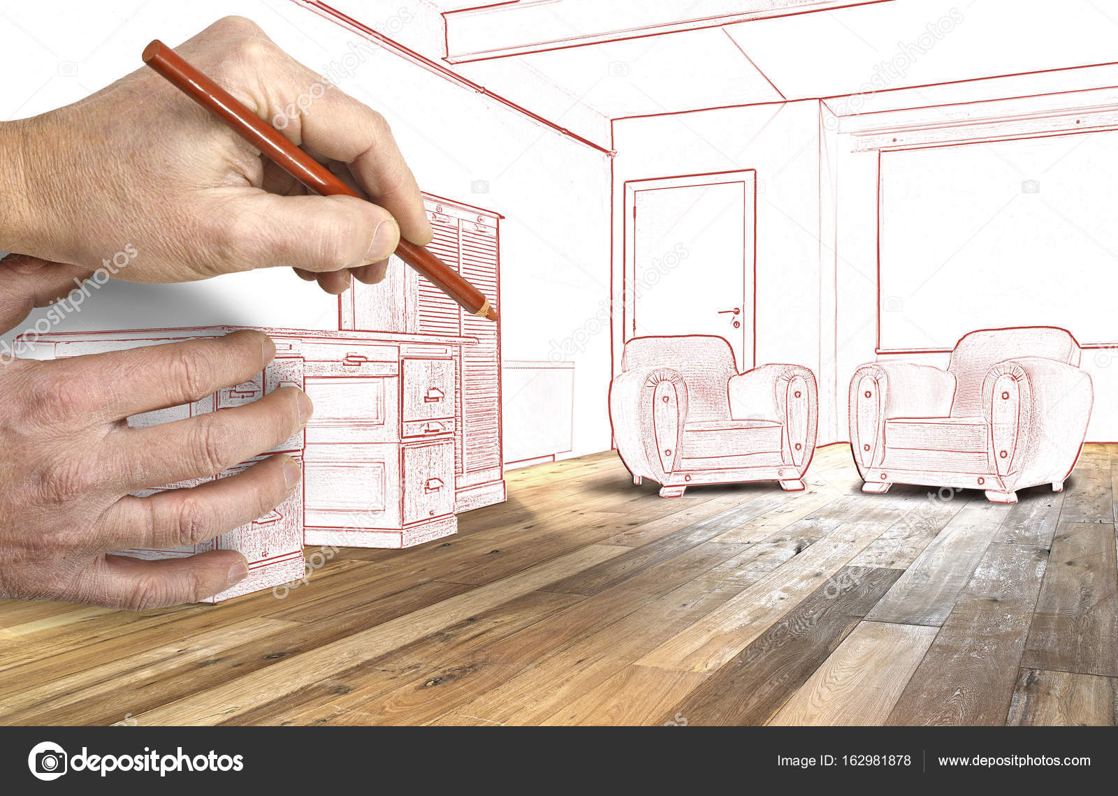 Drawing Interior Wide Loft Office And Wooden Floor Stock Photo