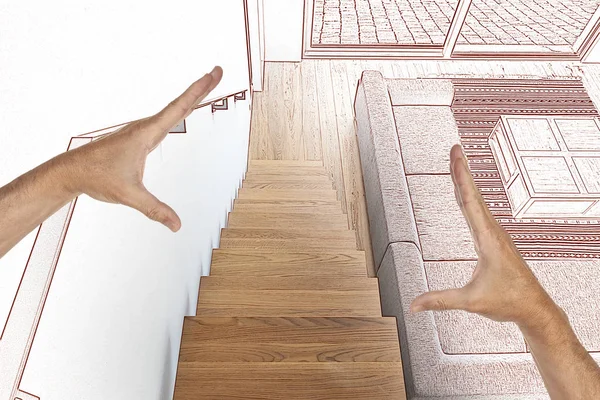 Drawing and planned Hardwood stairs and ramp — Stock Photo, Image