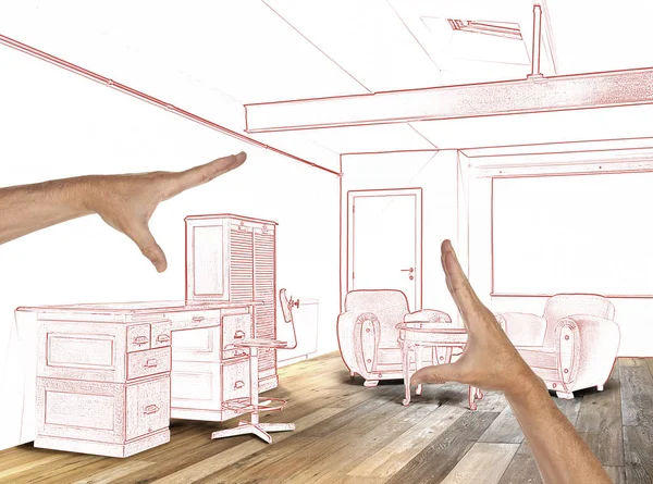 계획 된 인테리어 넓은 로프트, 사무실과 나무 바닥 — 스톡 사진