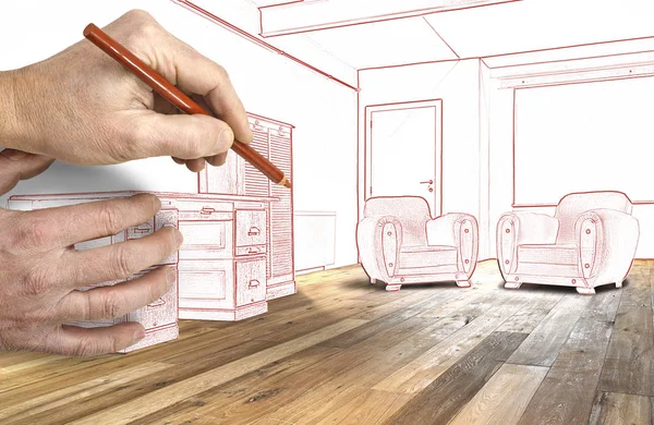 Чертеж интерьера широкий чердак, офис и деревянный пол — стоковое фото