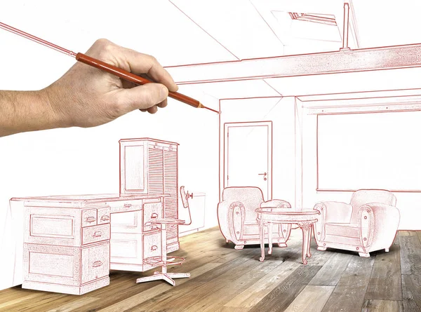 Dibujo interior amplio loft, oficina y suelo de madera — Foto de Stock