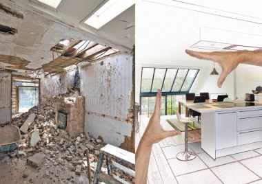 Yenilenmiş evde Modern açık mutfak çizimi ve planı