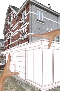 Çizim ve bir evin yeni bir modern uzantısı planlanan 