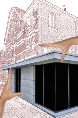 Çizim ve bir evin yeni bir modern uzantısı planlanan 