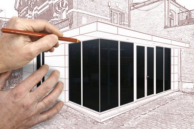 Çizim ve bir evin yeni bir modern uzantısı planlanan