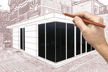 Çizim ve bir evin yeni bir modern uzantısı planlanan