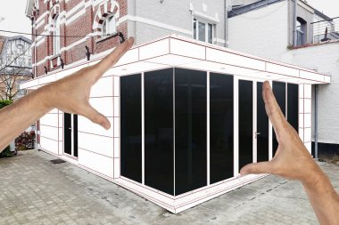 Çizim ve bir evin yeni bir modern uzantısı planlanan