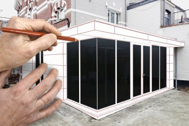 Çizim ve bir evin yeni bir modern uzantısı planlanan