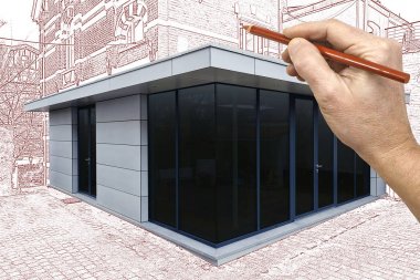 Çizim ve bir evin yeni bir modern uzantısı planlanan