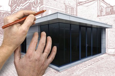 Çizim ve bir evin yeni bir modern uzantısı planlanan