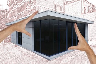 Çizim ve bir evin yeni bir modern uzantısı planlanan