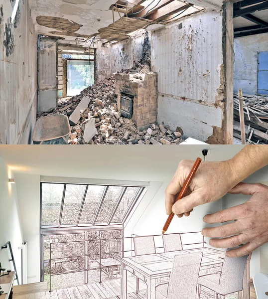 Tekening en geplande renovatie van een moderne duplex met grote overwinning — Stockfoto