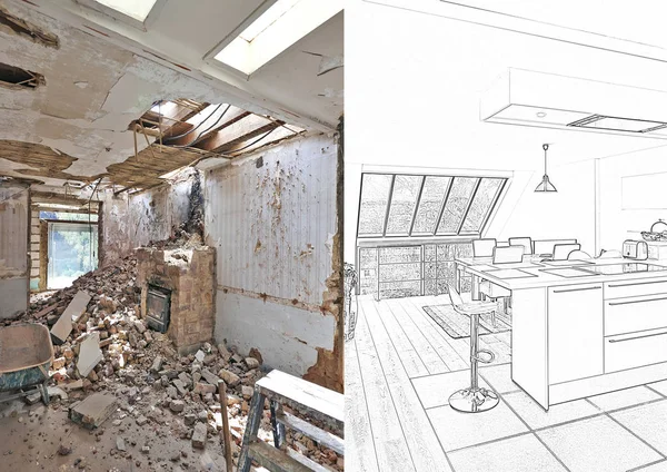 Dessin et planification Cuisine ouverte moderne dans maison rénovée — Photo