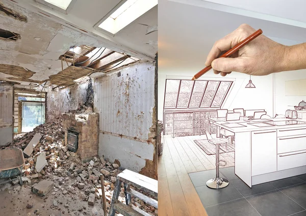 Yenilenmiş evde Modern açık mutfak çizimi ve planı