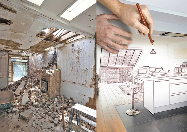 Zeichnung und Planung Moderne offene Küche in saniertem Haus — Stockfoto