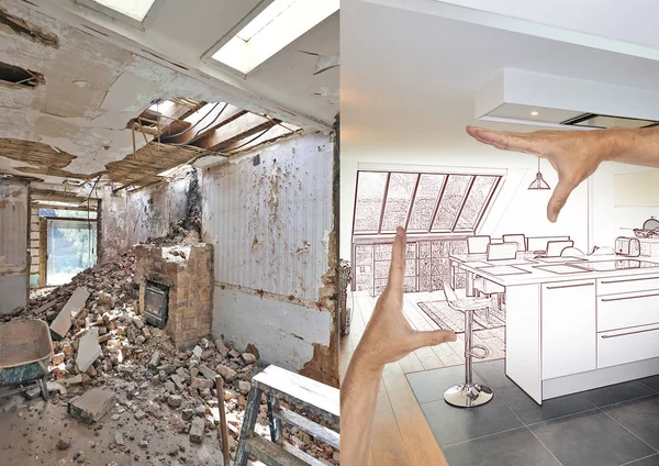 翻新房屋中的现代开放式厨房的绘图和规划 — 图库照片