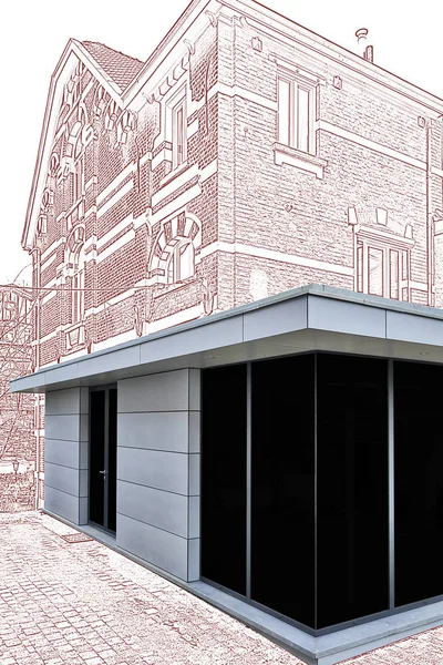 Çizim ve bir evin yeni bir modern uzantısı planlanan 