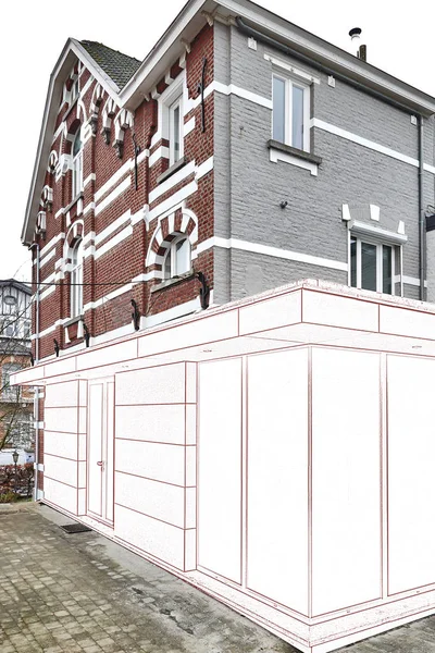 Tekenen en gepland een nieuwe moderne uitbreiding van een huis — Stockfoto