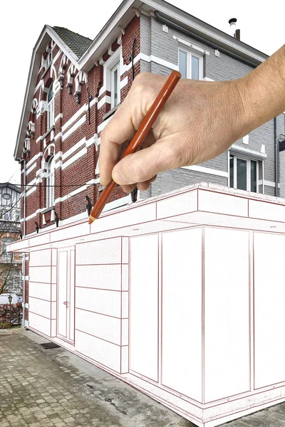 Dibujo y planificación de una nueva extensión moderna de una casa — Foto de Stock