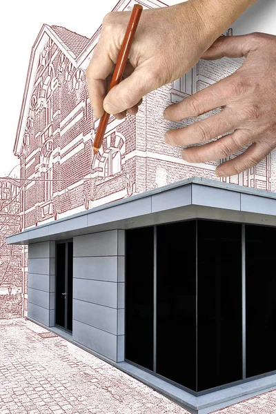 Dibujo y planificación de una nueva extensión moderna de una casa —  Fotos de Stock