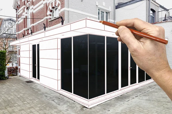 Zeichnung und Planung eines neuen modernen Anbaus eines Hauses — Stockfoto