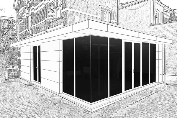 Çizim ve bir evin yeni bir modern uzantısı planlanan