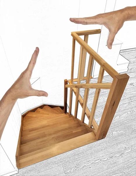 Rekonstrukce moderní dvoupodlažní s dřevěnými schody — Stock fotografie