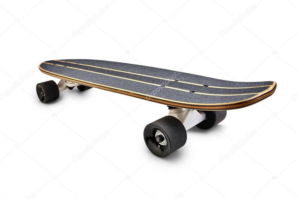 Rear view of a Black and wooden skate board isolated