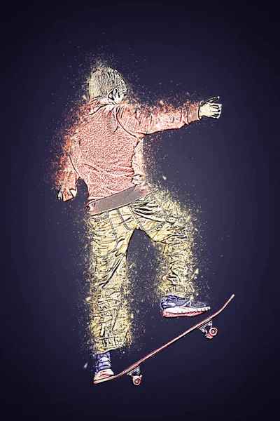 Кольоровий ескіз розбитий молодим хлопчиком-підлітком, що практикує скейт — стокове фото