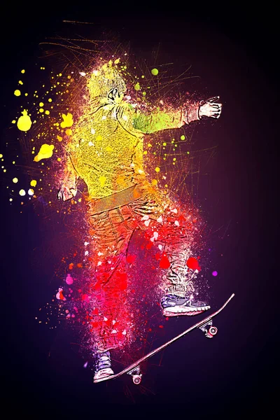 Renkli kroki skat pratik bir genç genç çocuk, paramparça