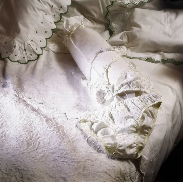 White and luxury Female underwear laying on drawer — Stock Photo, Image