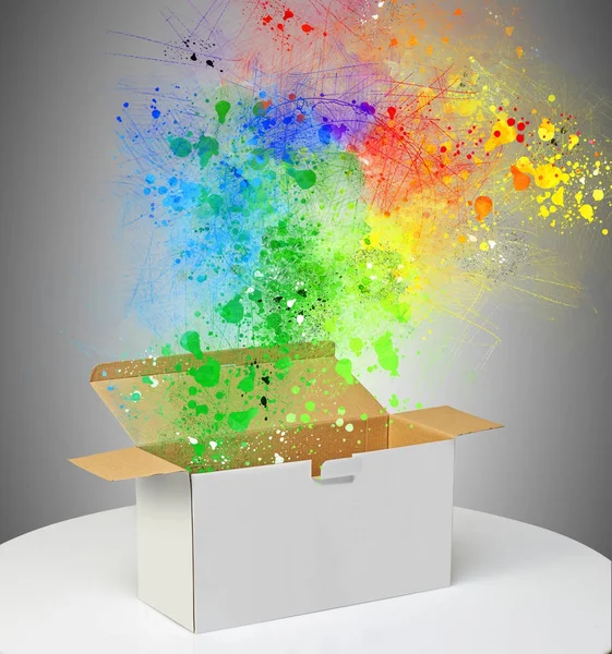 Colour splatter from box from Real Cardboard box — Stock Photo, Image