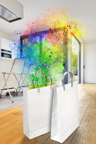 Moderno appartamento interno con due shopping bag in primo piano — Foto Stock