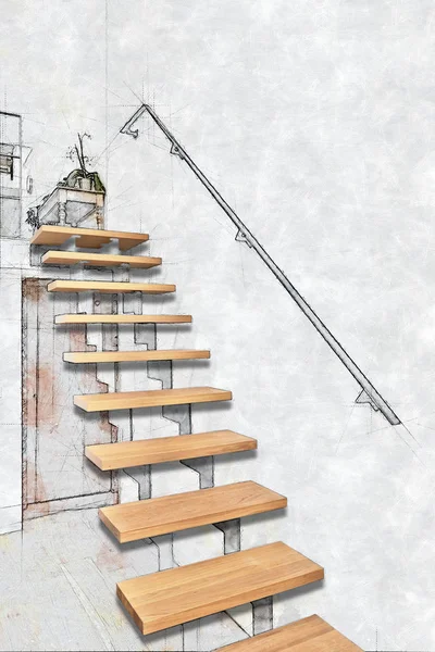 Dibujo ilustración de una escalera de madera y rampa — Foto de Stock