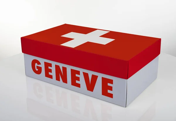 Κουτί λευκό παπούτσι με Ελβετική σημαία — Φωτογραφία Αρχείου