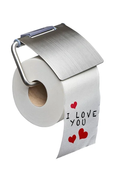 Kocham Cię wiadomość na papier toaletowy biały na białym tle — Zdjęcie stockowe