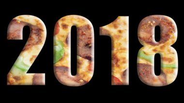 Cinemagraph - 2018 harfler içinde pizza siyah arka plan üzerinde farklı tipteki