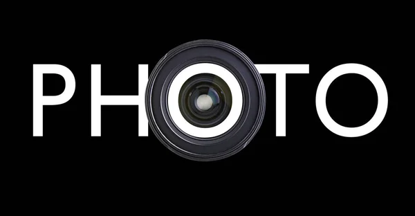 Câmera de foto digital profissional lente grande angular com texto — Fotografia de Stock