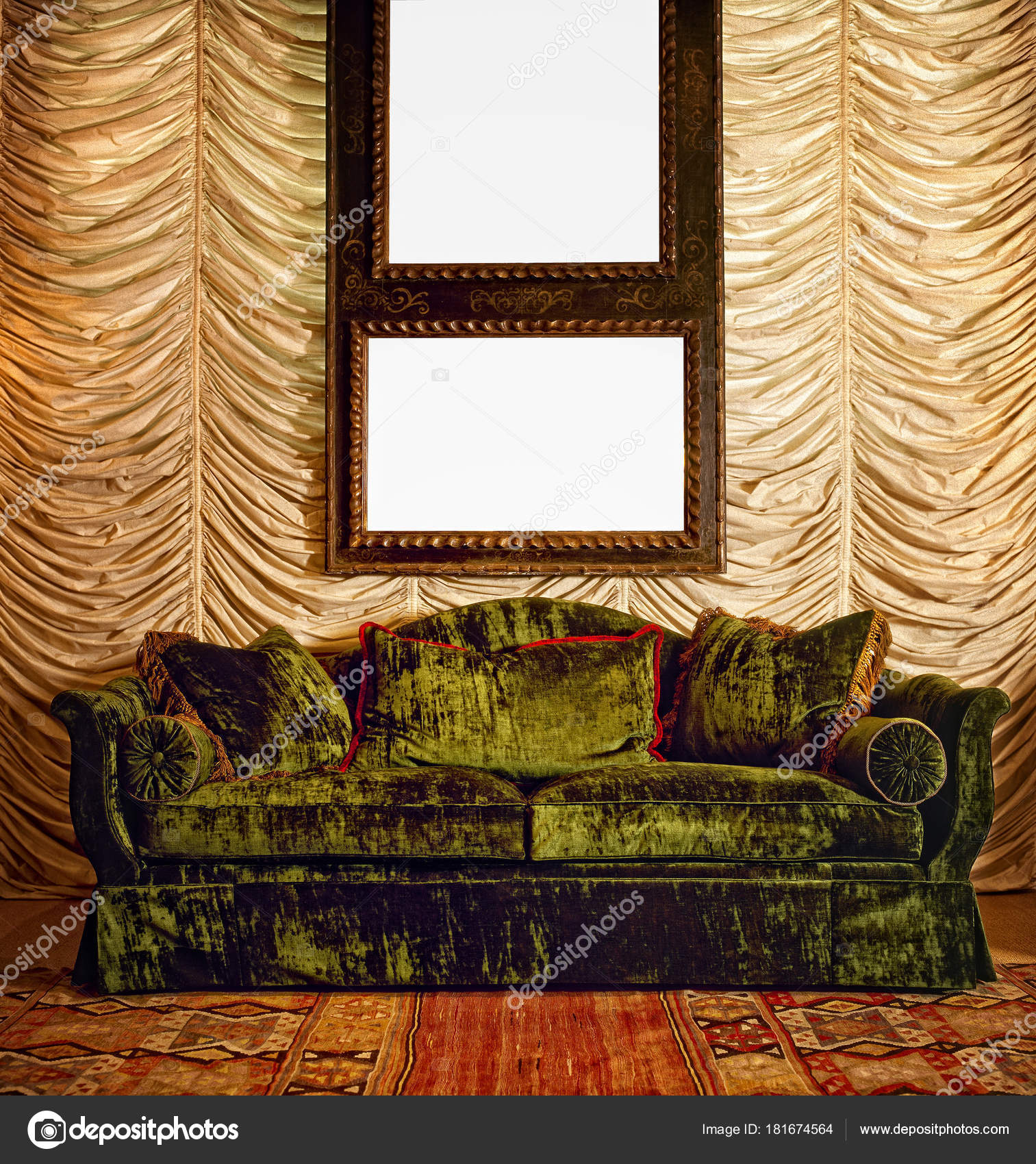Sofa With Dd Wall And Antique Wooden Frame Stock Photo Sofa With Dd Wall And Antique Wooden Frame Stock Photo