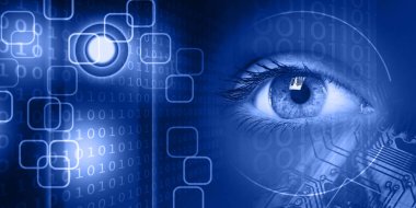 Teknoloji arka planda bir genç kadın göz makro görünümü