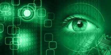 Teknoloji arka planda bir genç kadın göz makro görünümü