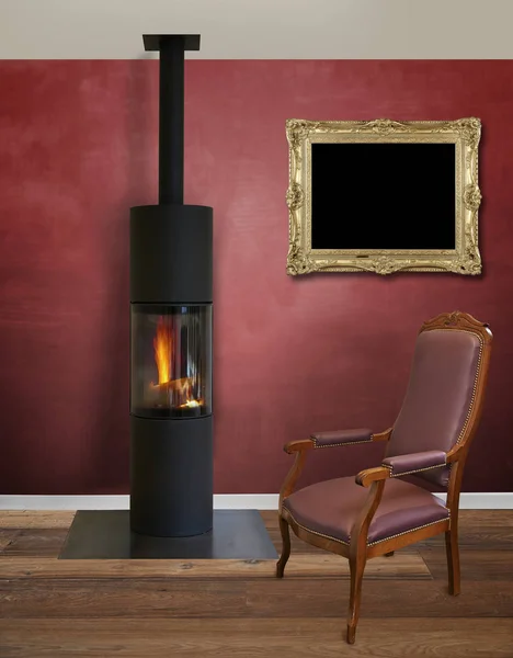 Interni moderni con moderno bruciatore a legna — Foto Stock