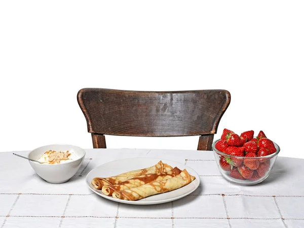 Breakfast table on cotton tablecloth — Stock Photo, Image