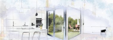 Dijital sanat eseri çatı üzerinden açık modern bir mutfak