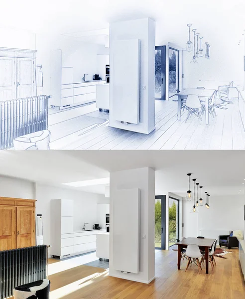Modrý tisk kresby moderní luxusní obývací pokoj a kuchyň — Stock fotografie