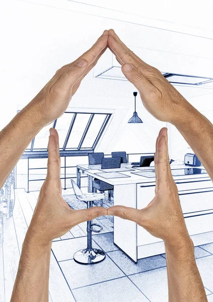 Digitale blauwe print Artwork van een moderne open keuken en handen fr — Stockfoto
